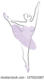 Silhouette of a cute lady, she is dancing ballet. The woman has an overweight  body. Girl is plump. Woman ballerina, gymnast. Vector illustration.