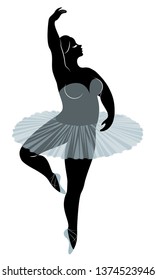 Silhouette of a cute lady, she is dancing ballet. The woman has an overweight  body. Girl is plump. Woman ballerina, gymnast. Vector illustration.