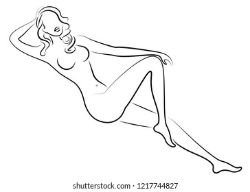 Silhouette of a cute lady, she is lying. The girl has a beautiful nude figure. Woman - young sexy and slim model. Vector illustration.