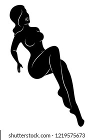 Silhouette of a cute lady, she is sitting in a beautiful pose. The girl has a cute nude figure. Woman - young sexy and slim model. Vector illustration.