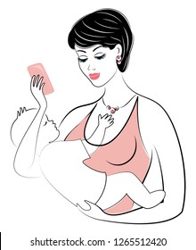 Silhouette of a cute lady. Young and beautiful woman with a child. The girl holds the baby in her arms and looks at the phone. Vector illustration.
