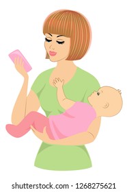 Silhouette of a cute lady. Young and beautiful woman with a child. The girl holds in her hand and looks at the phone. Vector illustration.