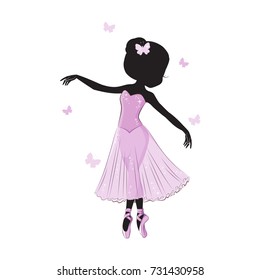 Silhouette of cute little ballerina in pink dress isolated on white background.  Vector design. Print for t-shirt. Romantic hand drawing illustration for children.