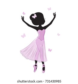 Silhouette of cute little ballerina in pink dress isolated on white background.  Vector design. Print for t-shirt. Romantic hand drawing illustration for children.