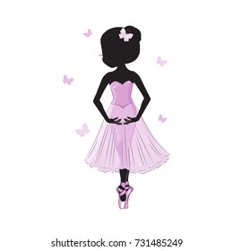 Silhouette of cute little ballerina in pink dress isolated on white background.  Vector design. Print for t-shirt. Romantic hand drawing illustration for children.
