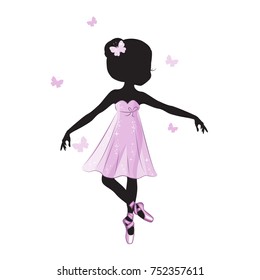 Silhouette of cute little ballerina in pink dress isolated on white background.  Vector design. Print for t-shirt. Romantic hand drawing illustration for children. 