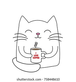 Silhouette Cute little cat with cup of coffee. Greeting card, Vector illustration.