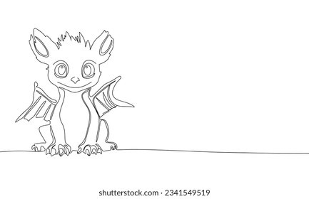 Silhouette of cute little dragon. One line continuous concept banner with symbol 2024 year. Outline, line art, vector illustration.