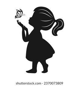 Silhouette de una linda niña con una mariposa en sus manos. Silueta negra. Ilustración, vector