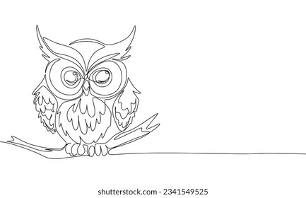 Silhouette of cute little owl. One line continuous concept banner with owl bird. Outline, line art, vector illustration.