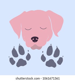 Silhouette of cute little puppies. Two prints of paws. The image can be used as a logo or sticker. Pink puppy face. Modern vector image. Images are isolated on a blue background