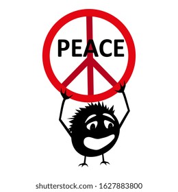 Silhouette of a cute monster with a peace sign in a red circle. Peaceful demonstration protesting against the war. Isolated vector on a white background.