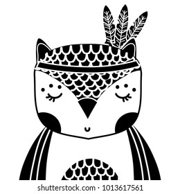 silhouette cute owl animal with feathers decoration