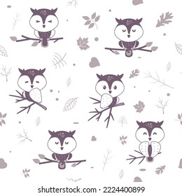 Silhouette cute owl seamless pattern. Vector illustration. Kids animal background. Design for fabric, textile, background, wallpaper and any other creative projects