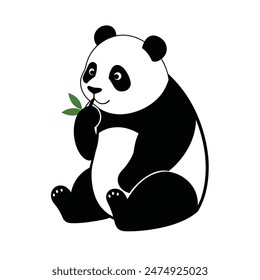 silhouette cute panda eating leaf vector illustration art