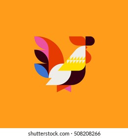 Silhouette of cute patchwork style rooster. Modern flat vector logo template or icon of cock