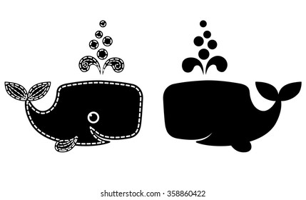 Silhouette of cute patchwork whale. Isolated on white. Vector.