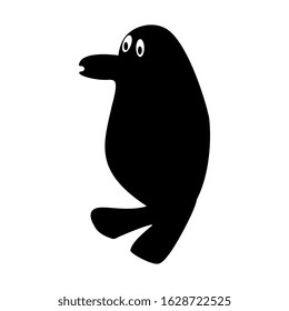 Silhouette of a cute penguin with big eyes. The animal stands on its feet with flippers. Isolated vector on a white background.