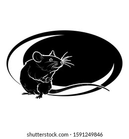 Silhouette of a cute rat on background with ellipse. Graphic drawing. Vector illustration.
