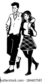  Silhouette of cute romantic couple walking together. Young man and woman in love. Hand drawn Sketch black white Vector illustration