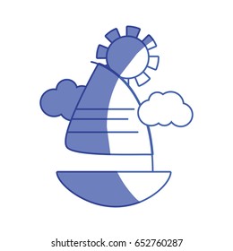silhouette cute sailing boat with clouds and sun
