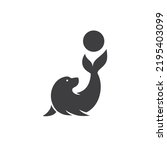 Silhouette of cute seals playing ball. Circus cartoon icon illustration.