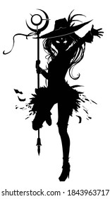 The Silhouette Of A Cute But Sinister Sorcerer Girl With A Crescent-shaped Staff, Drawn In Anma Style. 2D Illustration
