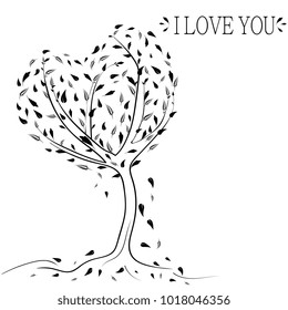 silhouette of a cute tree in the shape of a heart. Template for greeting card by February 14, Valentine's Day. Vector design of black and white tree