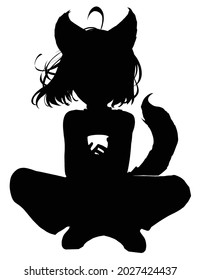 Silhouette of a cute young cat girl in anime style with huge ears and a fluffy tail, She drinks coffee from a mug sitting in the lotus position, 2d illustration