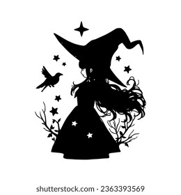 Silhouette of a cutev witch girl. Horrible halloween silhouette. Witch with bird black isolated on white background