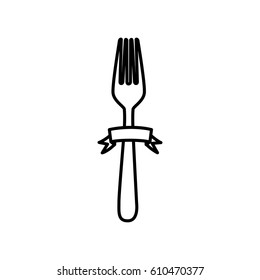 silhouette cutlery fork kitchen element with ribbon vector illustration