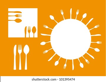 silhouette cutlery with space for copy over orange background. vector