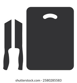 Silhouette of Cutting Board and Kitchen Knife on White Background. Black Cutting Board and Knife Elements.