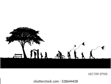 silhouette cycling and children playing merrily.Vector