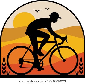 Silhouette of a cyclist against a warm sunset with birds and wheat fields