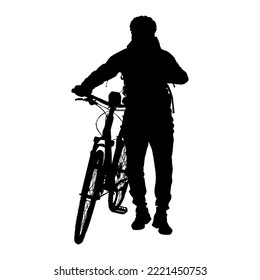 Silhouette of cyclist with bicycle isolated on white background. Man in sports uniform with safety helmet near cycle. Front view. Urban leisure activities or travel concept. Stock vector illustration