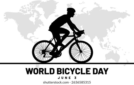 Silhouette of cyclist celebrating world bicycle day with world map background on june 3rd