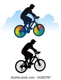 Silhouette of a cyclist inserted in a color scheme plus the main silhouette in black.