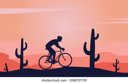 Silhouette of a cyclist on a background of orange sunset and cactus.  A man in a helmet on a bicycle travels through the desert.  Active recreation, cycling.  Wallpaper, flat vector illustration