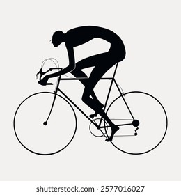 Silhouette of a cyclist on a bike, showcasing cycling posture. The cyclist silhouette emphasizes speed and motion, highlighting the art of cycling. Vintage art drawing, isolated vector element.