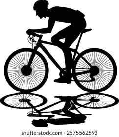 Silhouette of Cyclist riding a bicycle, Cyclist logo - Person riding a cycle, healthy lifestyle, Side profile silhouette of male mountain bike racer