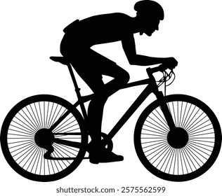 Silhouette of Cyclist riding a bicycle, Cyclist logo - Person riding a cycle, healthy lifestyle, Side profile silhouette of male mountain bike racer