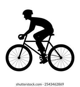 Silhueta de um ciclista andando de bicicleta. Esta ilustração de silhueta preta representa uma pessoa andando de bicicleta. O ciclista é mostrado de perfil, inclinado para a frente.