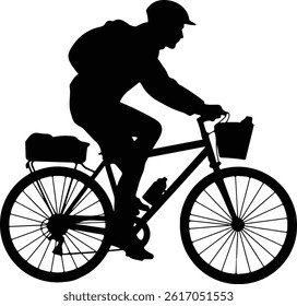 Silhouette of a cyclist riding a bike with gear, vector illustration