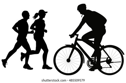 Silhouette of a cyclist and running people men and woman - vector illustration