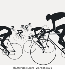 Silhouette of cyclists racing. Dynamic cycling scene with multiple cyclists. Bicycle race with stylized cyclists. Competitive cycling in silhouette. Vintage illustration isolated on white, vector.