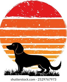 Silhouette of a Dachshund Dog Standing on Grass With a Vibrant Retro Sunset Background. Perfect for Pet-related Designs, Nature Themes, or Outdoor Adventure Illustrations.