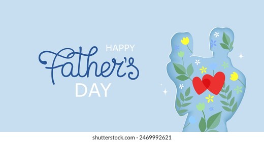 Silhouette of a dad with a child. Happy Fathers Day banner with hand written lettering.