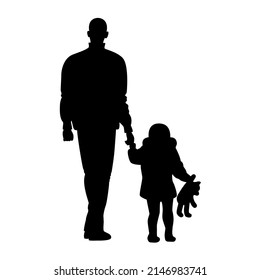 Silhouette dad with daughter walking vector illustration. Adult man holds child hand. Little girl with teddy bear and father shadow. Outline fatherhood concept isolated