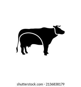Silhouette of a dairy cow in a black and white 3 line style with a beautiful and meaningful tail